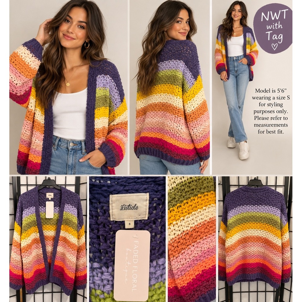 Listicle NWT Chunky Crochet Striped Cardigan Multicolor Boho Open Front Size S